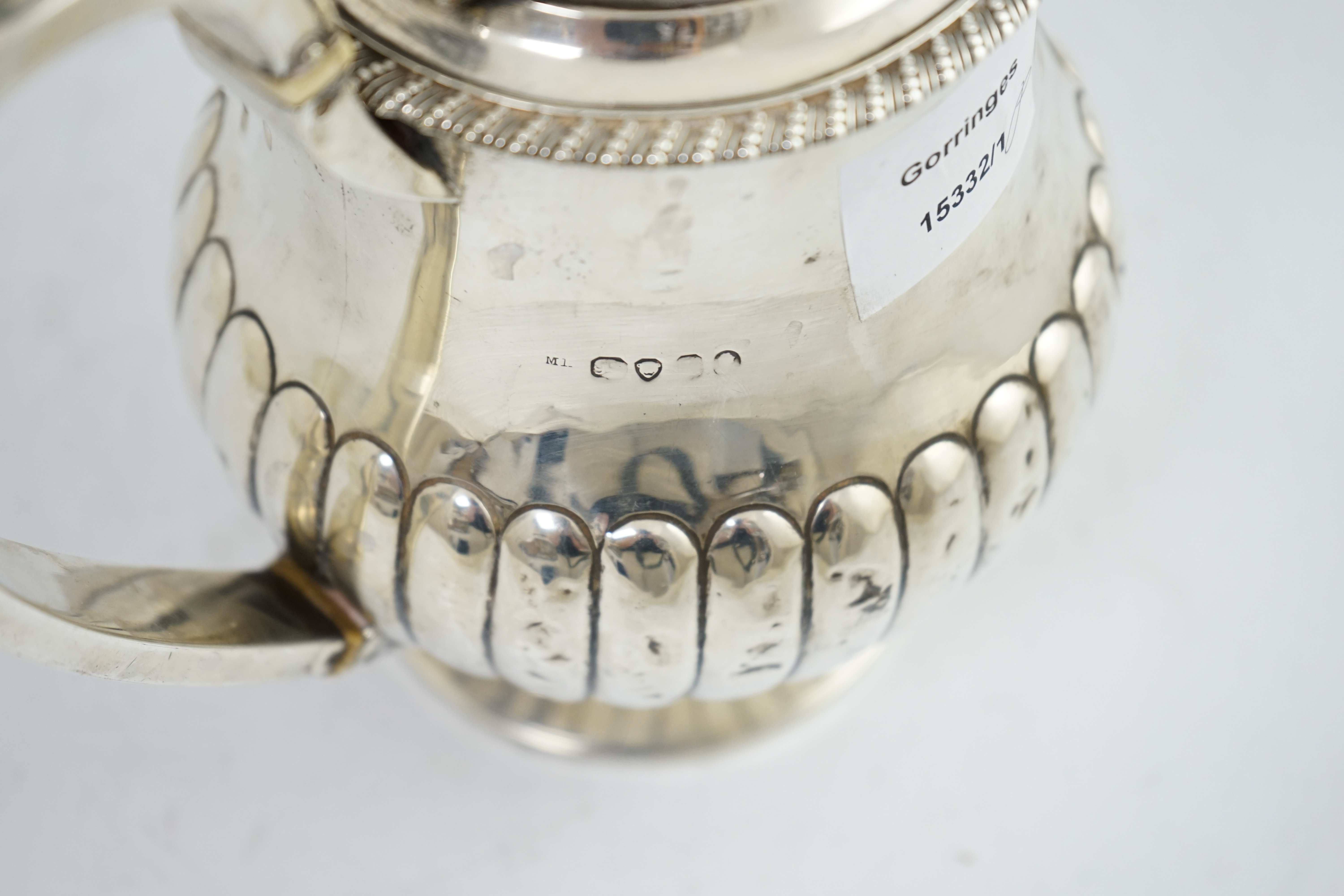 A George IV demi-fluted silver hot water pot, by Michael Linsey?